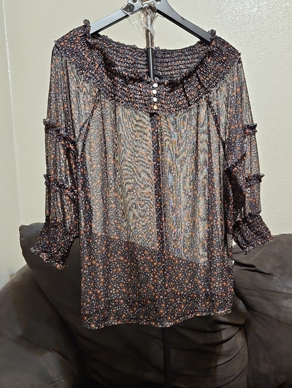 bobeau Black Sheer Floral Smocked Blouse with Orange and Cream Details
